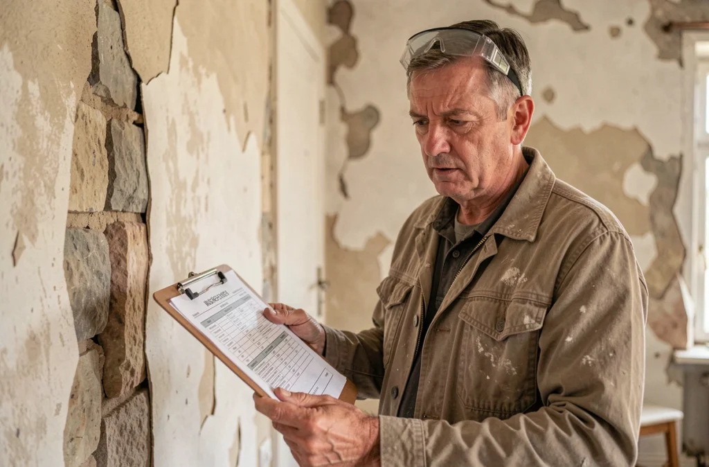 Artisan évaluant les coûts de rénovation d'une maison abandonnée en France avec un devis à la main devant un mur fissuré