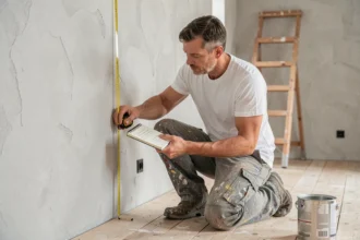 Homme mesurant un mur intérieur avec un mètre ruban pour calculer la surface en mètres carrés avant de peindre