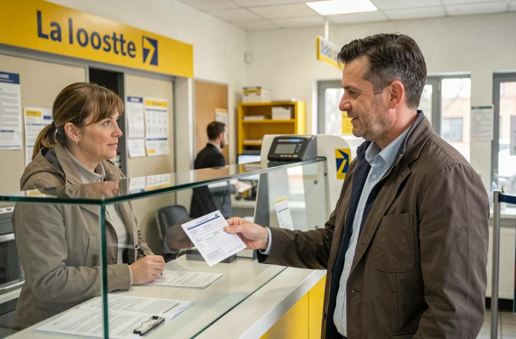Homme déposant un formulaire de changement d'adresse au guichet d'un bureau de poste français