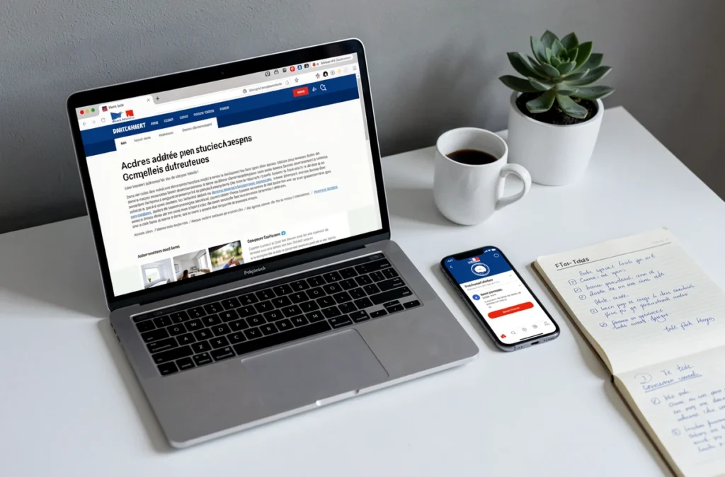 Ordinateur portable affichant le site officiel de changement d'adresse en ligne avec un smartphone et un carnet de notes sur un bureau minimaliste