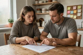 Deux colocataires adultes examinent un contrat de colocation à une table de cuisine en bois, illustrant les droits et obligations du locateur en colocation