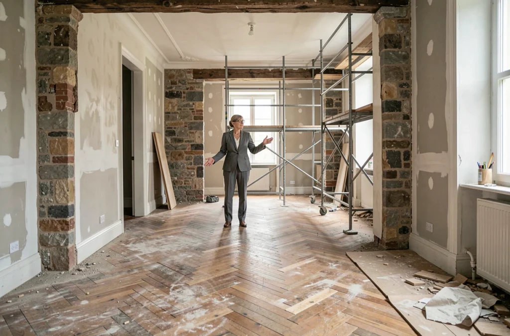 Conseillère immobilière dans un appartement ancien en cours de rénovation illustrant le mécanisme du déficit foncier