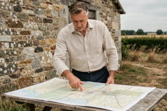 Homme consultant un plan cadastral papier dans une ferme rurale pour identifier le propriétaire d'une parcelle agricole