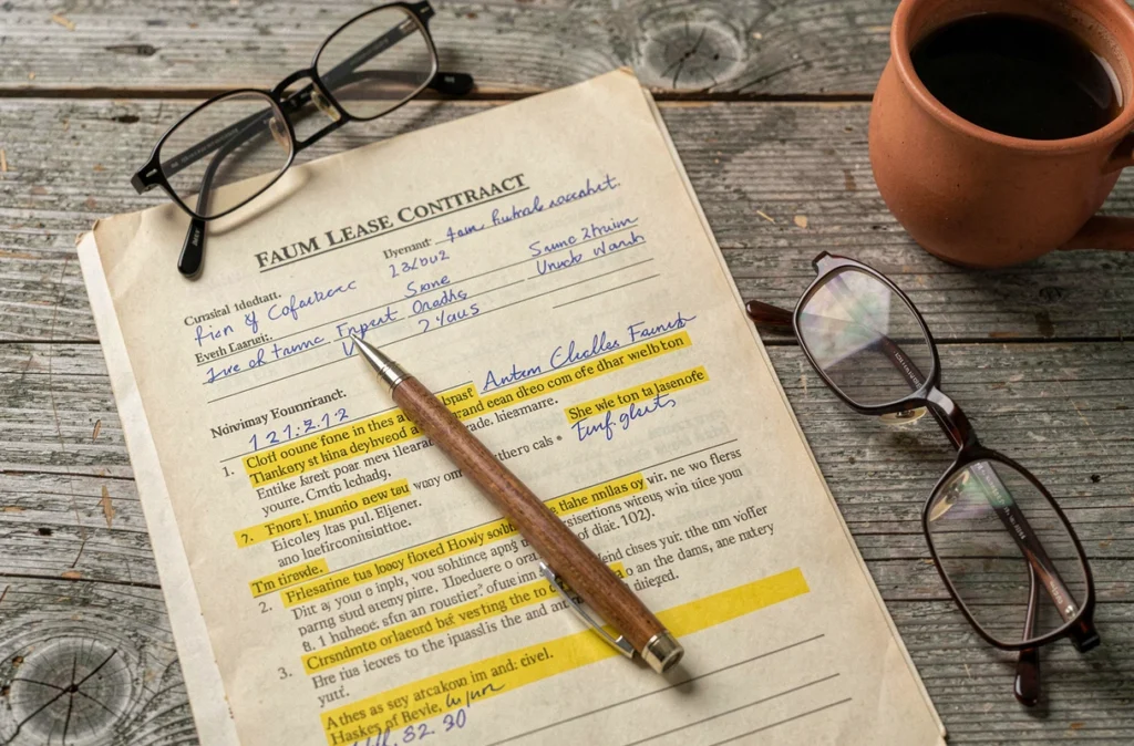 Contrat de bail agricole annoté posé sur une table en chêne avec stylo et lunettes, représentant les erreurs contractuelles dans la récupération de terres louées