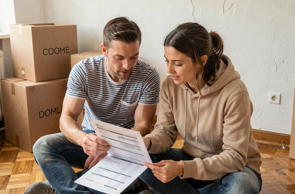 Couple consultant des documents de contrat d'énergie ensemble dans leur nouveau logement entouré de cartons