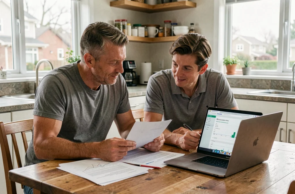Couple étudiant ensemble les résultats d'une estimation immobilière en ligne avant la mise en vente de leur maison