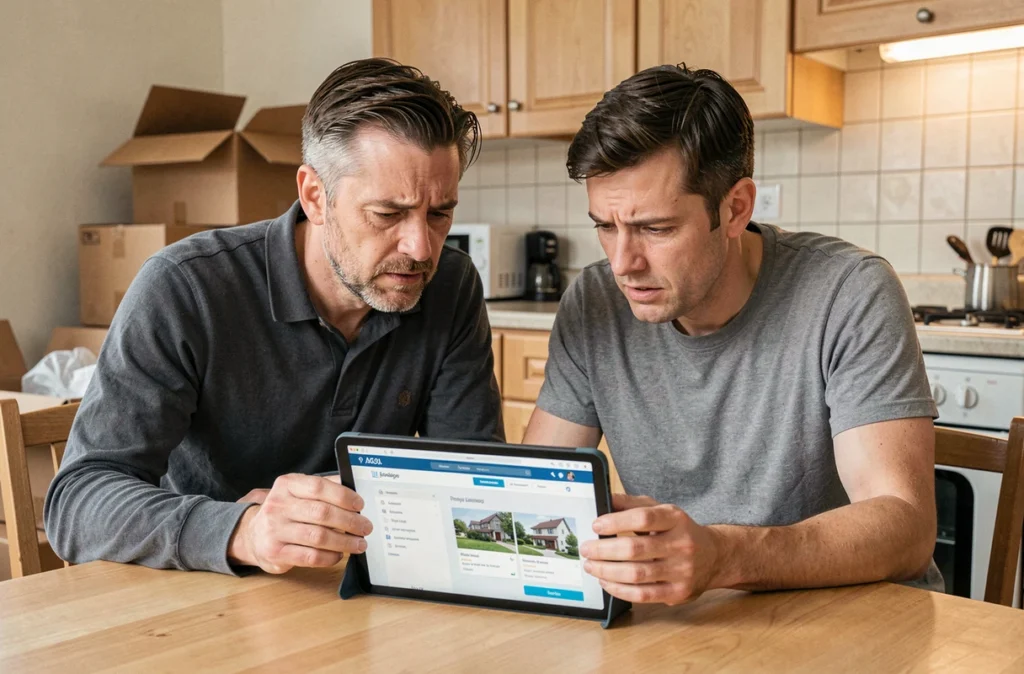 Couple consultant la plateforme Alin sur une tablette dans une cuisine lors d'une période de transition de logement liée à une mutation professionnelle
