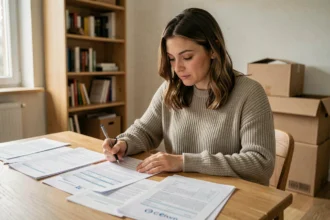 Femme consultant des documents administratifs avant un déménagement, formulaires officiels étalés sur une table en bois dans un appartement moderne
