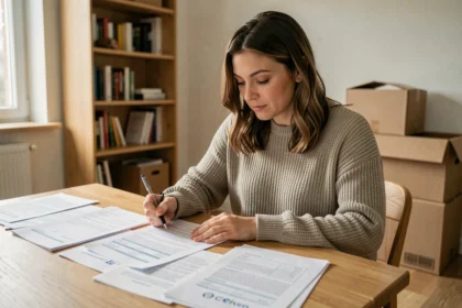 Femme consultant des documents administratifs avant un déménagement, formulaires officiels étalés sur une table en bois dans un appartement moderne