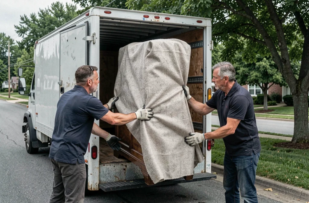 Deux déménageurs professionnels chargeant une armoire ancienne protégée par des couvertures de déménagement dans un camion