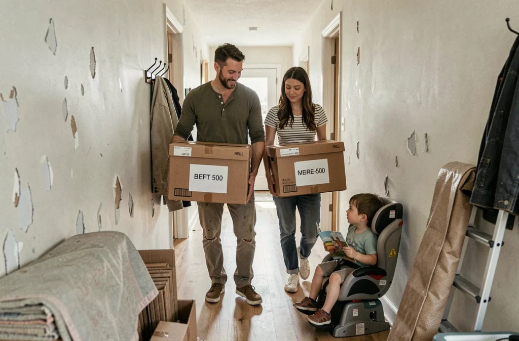 Couple transportant des cartons dans un couloir pendant un déménagement avec un jeune enfant assis près d'eux