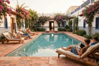 Famille en location longue durée dans une villa à Essaouira avec grande piscine privée et patio marocain traditionnel