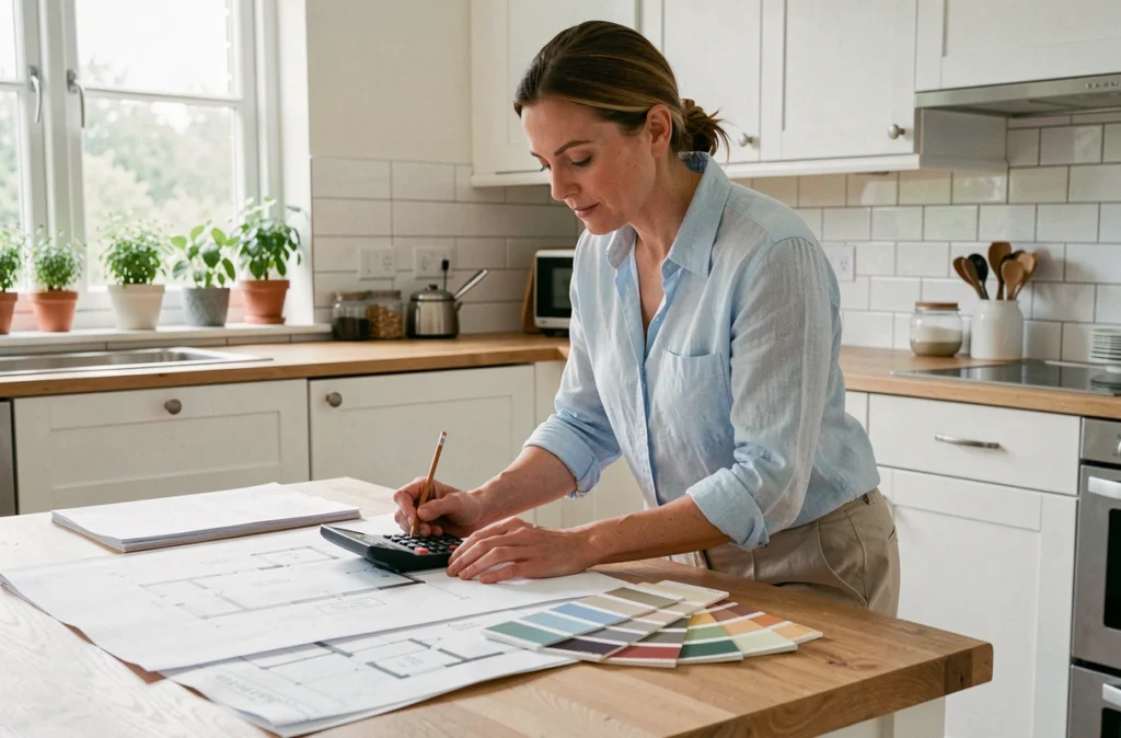 Femme calculant la quantité de peinture nécessaire avec des plans et une calculatrice sur une table de cuisine
