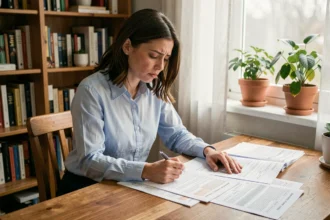 Femme consultant des documents de location et un contrat de bail pour trouver une aide au paiement de la caution