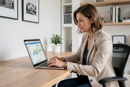 Femme consultant un logiciel d'estimation immobilière sur son ordinateur portable dans un bureau à domicile moderne
