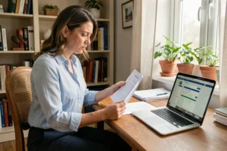 Femme consultant des documents de demande de logement social sur un bureau à domicile, avec un ordinateur portable ouvert sur une plateforme administrative