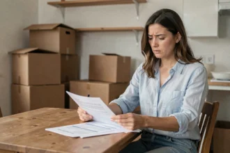 Femme gérant ses contrats d'énergie lors d'un déménagement, assise à une table entourée de cartons