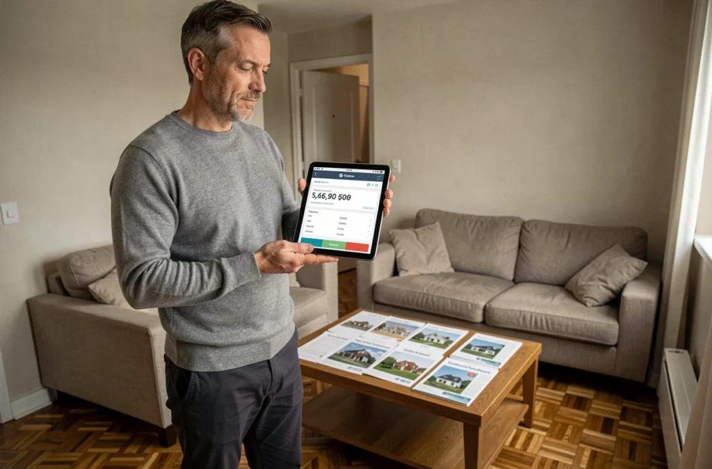 Homme évaluant le prix de vente de son appartement avec un outil d'estimation immobilière sur tablette