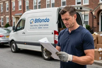 Homme consultant une liste de vérification devant un camion utilitaire de déménagement blanc garé devant un immeuble résidentiel