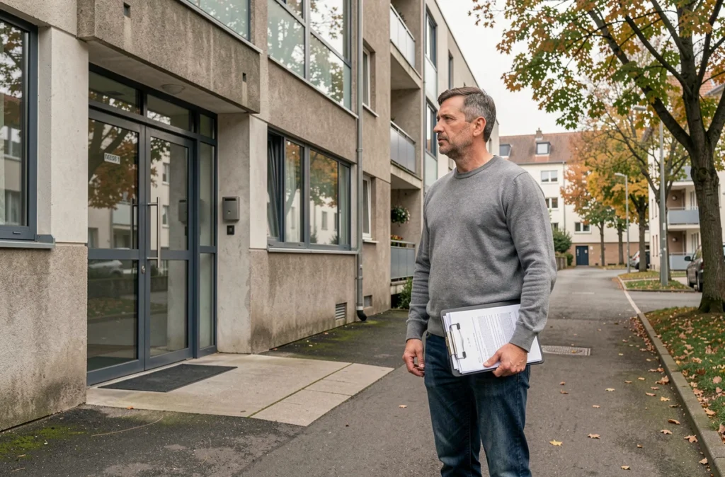 Homme tenant un dossier de demande devant un immeuble de logement social en milieu urbain, anticipant une mutation professionnelle