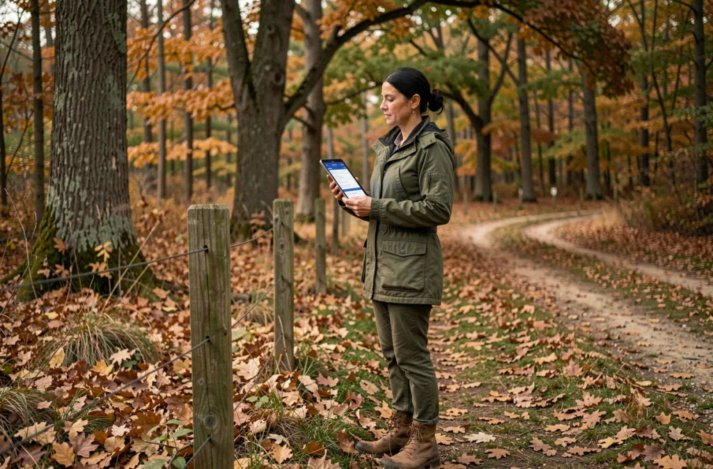 Femme consultant le cadastre en ligne sur tablette à la lisière d'une parcelle boisée pour en identifier le propriétaire