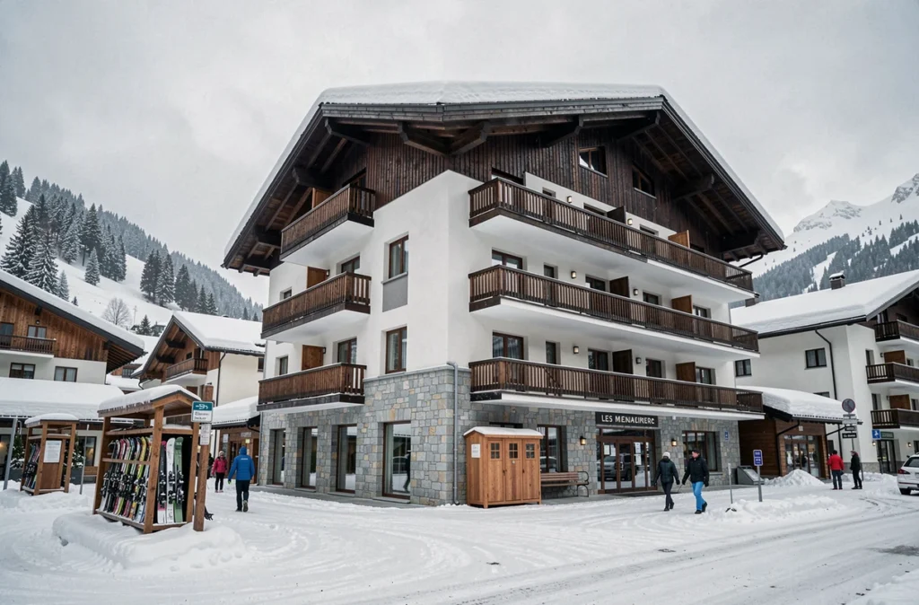 Façade d'un immeuble d'appartements à vendre en centre-station des Menuires avec architecture savoyarde et balcons enneigés