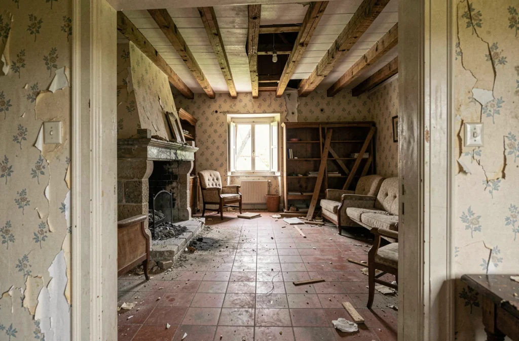 Intérieur délabré d'une maison abandonnée en France avec poutres effondrées et carrelage fissuré, représentant l'état réel d'un bien à rénover