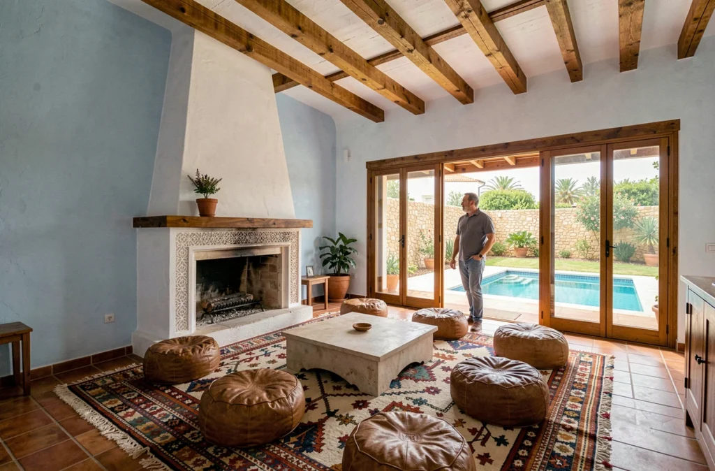 Intérieur spacieux d'une villa marocaine en location longue durée à Essaouira avec salon traditionnel et accès piscine