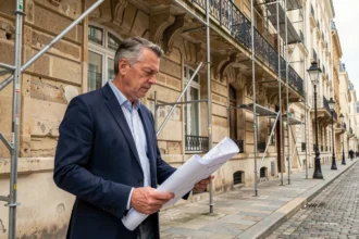 Investisseur immobilier devant un immeuble ancien en rénovation éligible au dispositif Denormandie dans une rue française