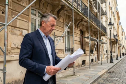 Investisseur immobilier devant un immeuble ancien en rénovation éligible au dispositif Denormandie dans une rue française