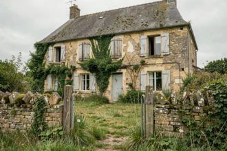 Maison abandonnée en pierres en France avec volets abîmés et jardin envahi par la végétation, illustrant les coûts de rénovation d'un bien à donner