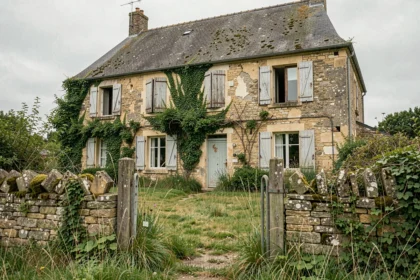 Maison abandonnée en pierres en France avec volets abîmés et jardin envahi par la végétation, illustrant les coûts de rénovation d'un bien à donner
