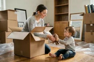 Mère aidant son jeune enfant pendant un déménagement, entourée de cartons ouverts dans le salon