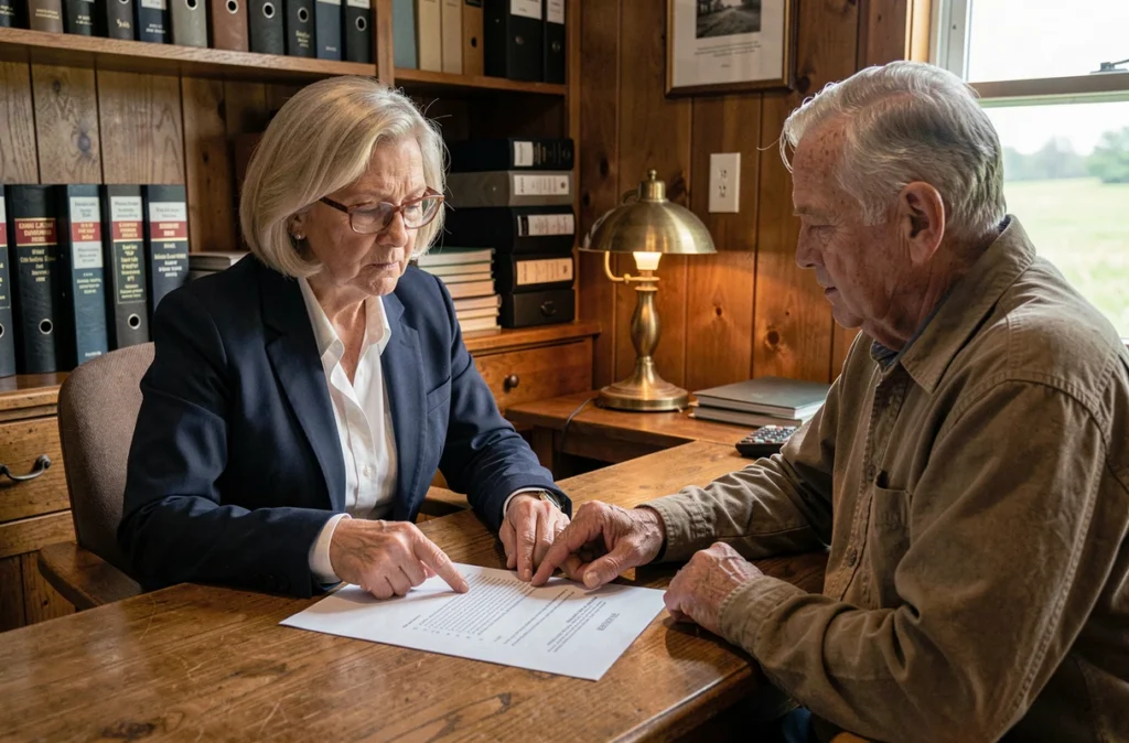 Notaire et propriétaire agricole discutant d'un bail rural dans un bureau, soulignant les erreurs juridiques lors de la reprise de terres agricoles