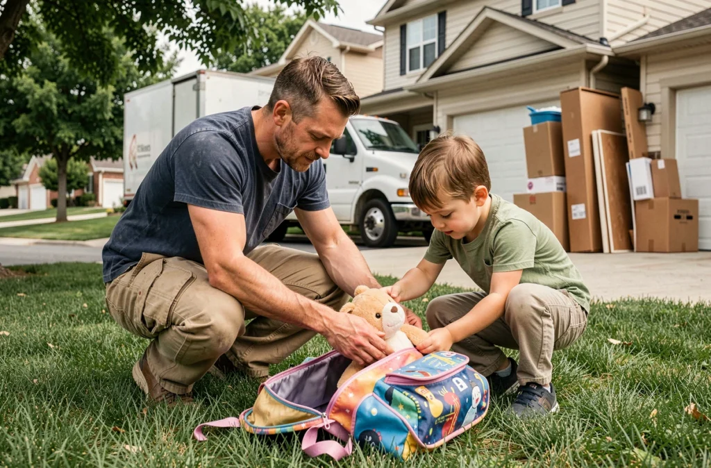 Père et jeune enfant préparant un sac devant la maison le jour du déménagement avec un camion en arrière-plan