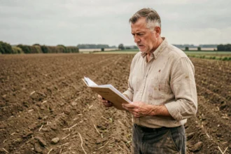 Propriétaire agricole examinant des documents juridiques au bord d'un champ labouré, illustrant les démarches de récupération de terres louées