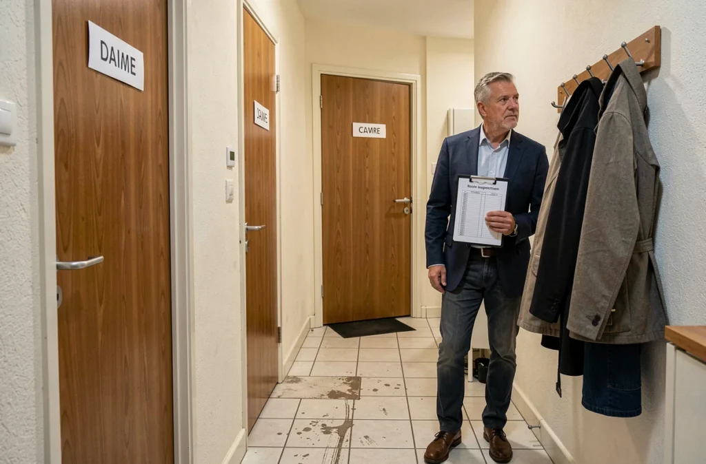 Propriétaire bailleur inspectant un couloir d'appartement en colocation avec une liste de contrôle, représentant la gestion locative et les responsabilités légales