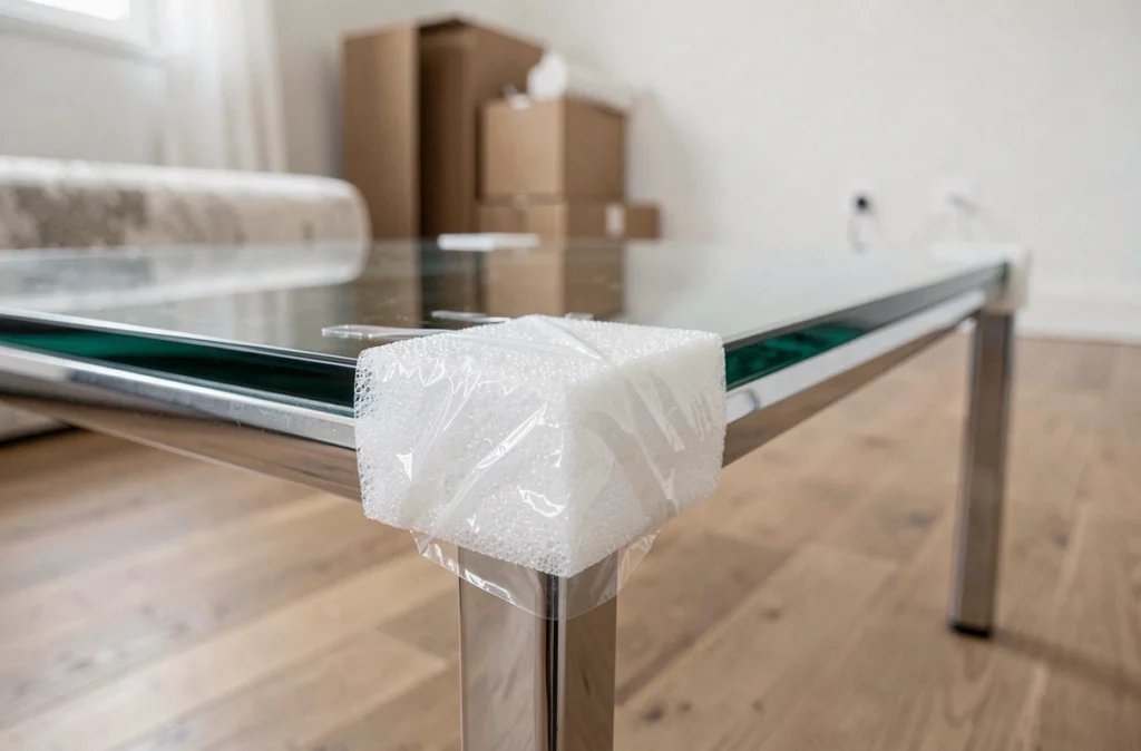 Gros plan sur un coin de table basse en verre protégé par des cornières en mousse et du film étirable avant un transport