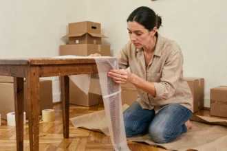 Femme enveloppant les pieds d'une chaise en bois avec du papier bulle pour protéger un meuble fragile pendant un déménagement