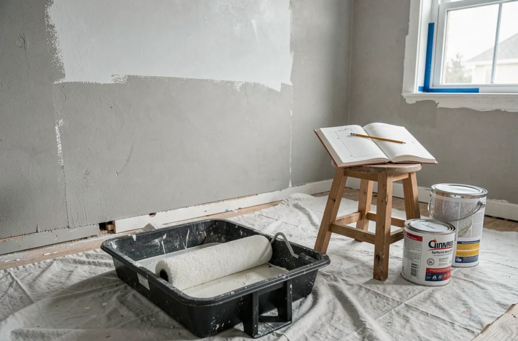 Rouleau de peinture et carnet de calcul en mètres carrés posés sur une bâche devant un mur partiellement peint