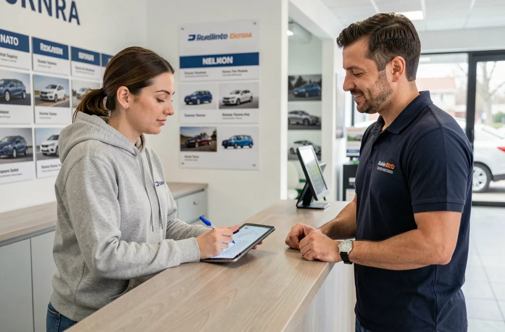 Femme signant un contrat de location de véhicule utilitaire à l'agence de location avec un conseiller