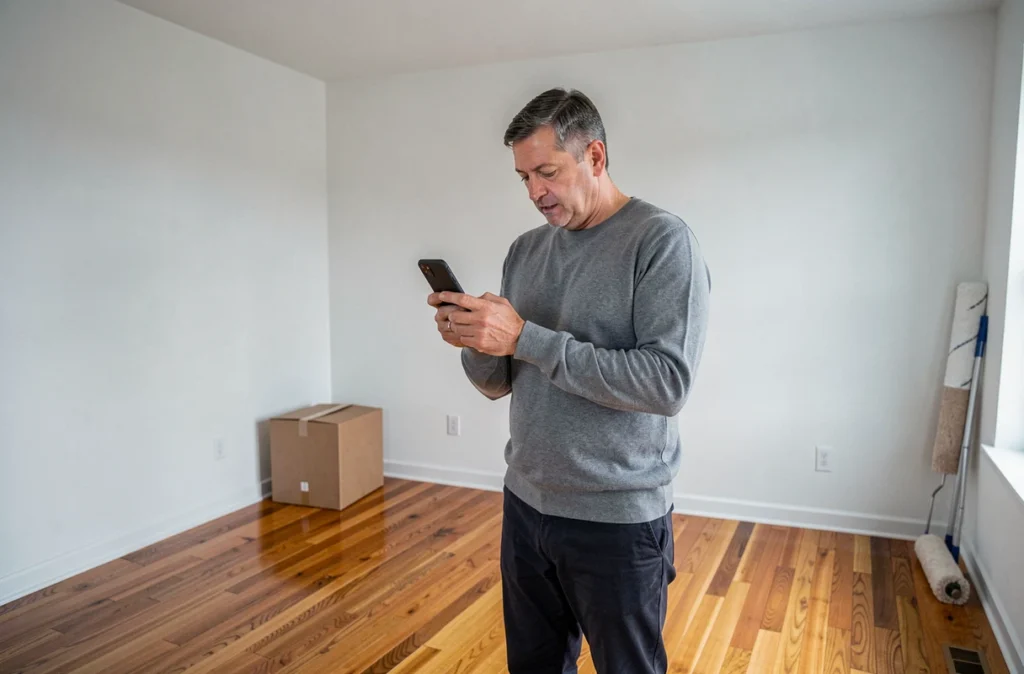 Homme consultant son compte fournisseur d'énergie sur smartphone dans un appartement vide après déménagement
