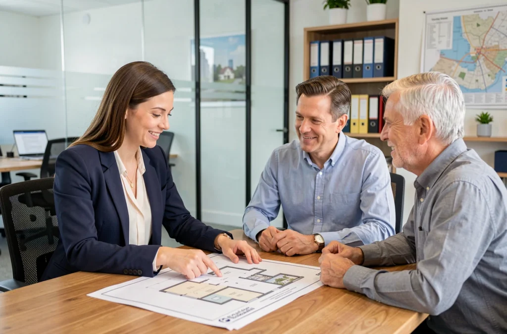 Agente immobilière conseillant un couple sur la vente de leur maison autour d'un plan et d'annonces immobilières dans une agence moderne