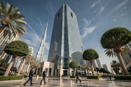 Almas Tower à Dubaï vue depuis la place principale avec des professionnels en costume devant la tour en verre et acier