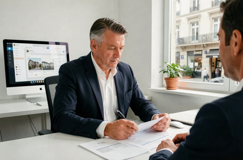 Agent immobilier CBF Conseils spécialisé en transaction et locatif à Clermont-Ferrand assis à son bureau avec un client