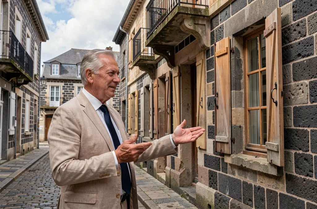 Agent immobilier Chanturgue Immobilier devant une bâtisse historique en pierre volcanique dans le quartier Montferrand à Clermont-Ferrand
