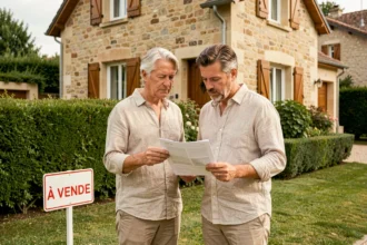 Couple devant leur maison à vendre avec panneau immobilier et documents en main, préparant la transaction avec une agence immobilière