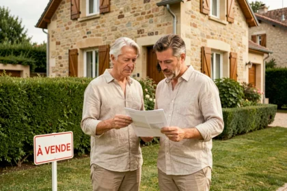 Couple devant leur maison à vendre avec panneau immobilier et documents en main, préparant la transaction avec une agence immobilière