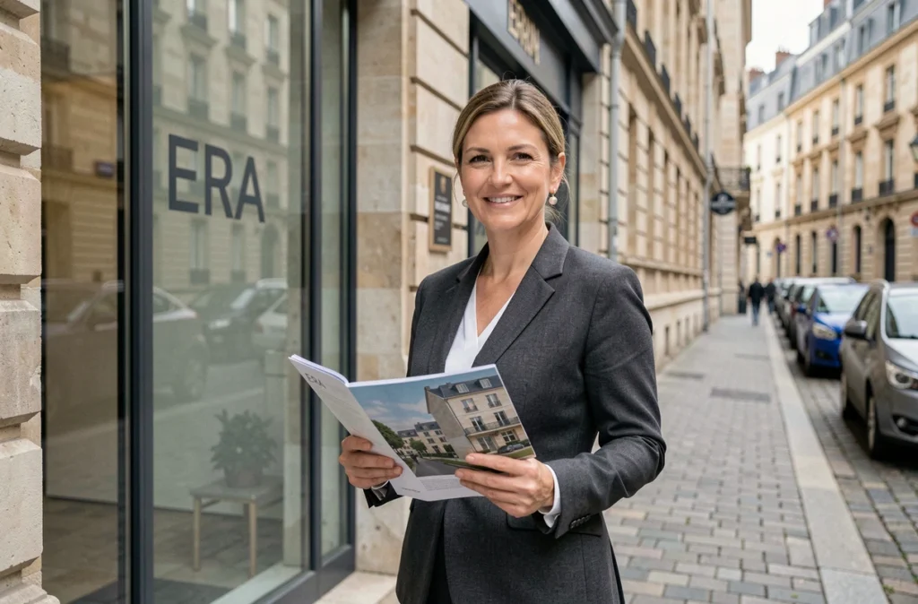 Agente immobilière ERA Clermont Lafayette devant une agence en centre-ville de Clermont-Ferrand tenant une brochure immobilière