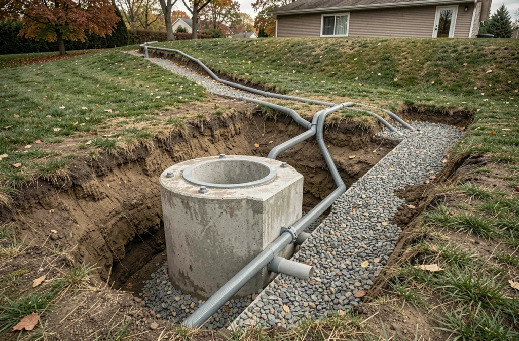 Fosse septique en béton installée dans une tranchée avec réseau de drainage PVC et pentes de terrain aménagées
